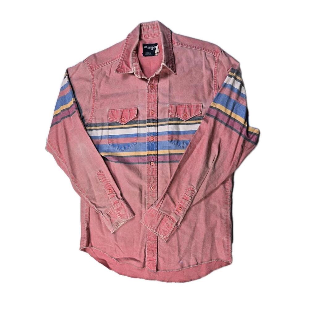 Vtg Wrangler Brushpopper Pink Center Stripe Distressed Long Sleeve Shirt 16.5x36